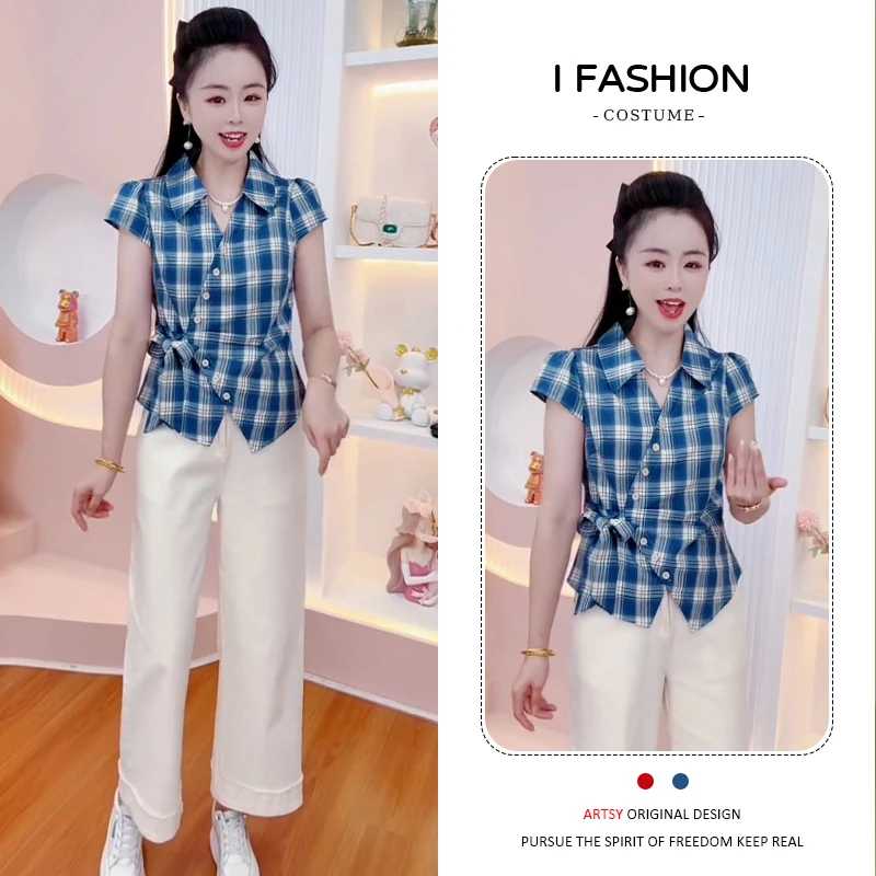 小个子韩系休闲衬衫女2026年夏季新款时尚百搭系带格子翻领上衣
