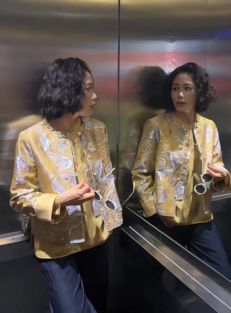 【深圳罗依】原创真丝外套女宋锦提花祥云新中式气质金色长袖短外套