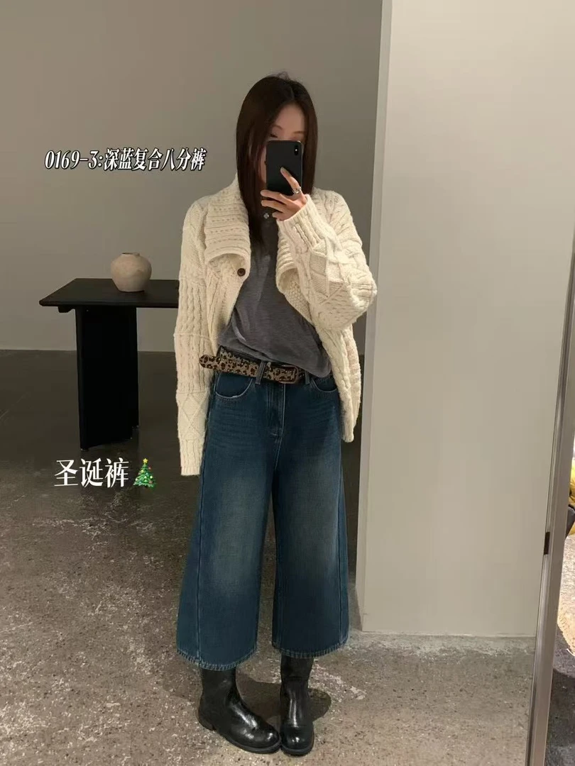 小孟~韩系潮流复合绒圣诞裤牛仔八分裤0169