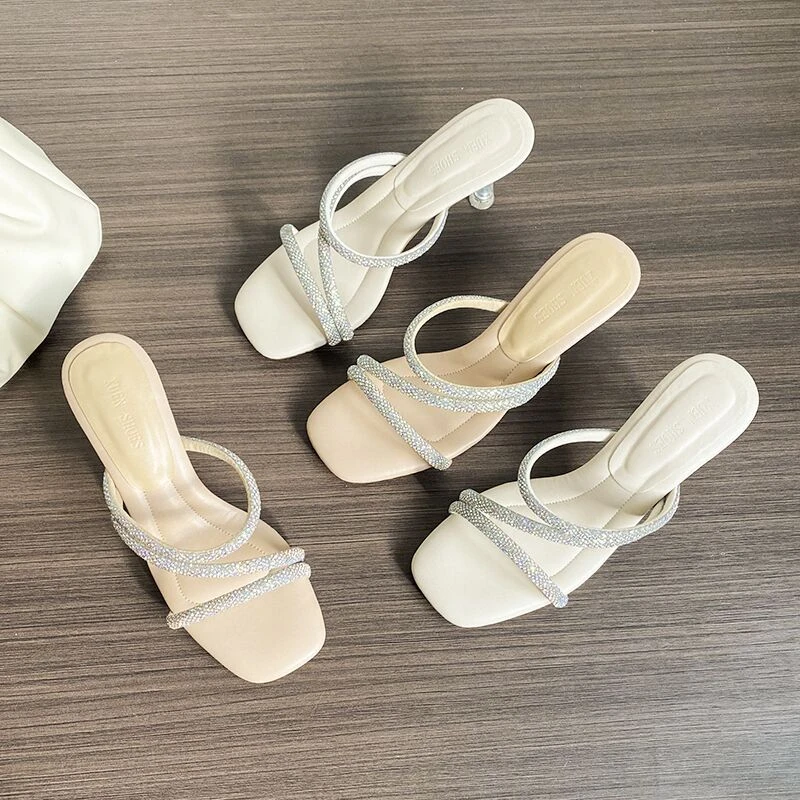 水晶性感凉拖鞋女细跟水钻仙女风2025年款夏季踩屎感高跟鞋