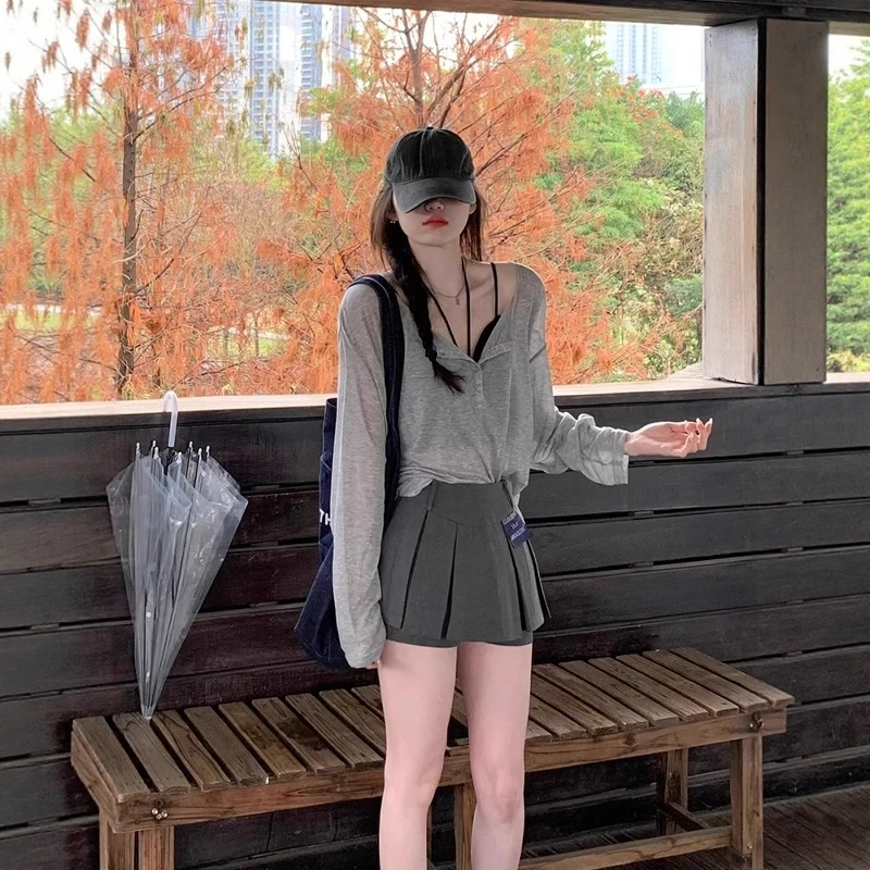 韩系慵懒风灰色长袖防晒T恤罩衫女夏季薄款微透外搭宽松显瘦上衣