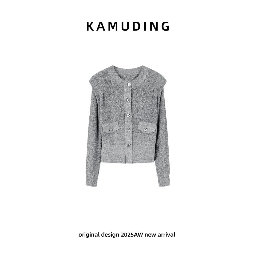 KAMUDING2025新款Y16圆领长袖修身显瘦口袋设计针织毛衣25279