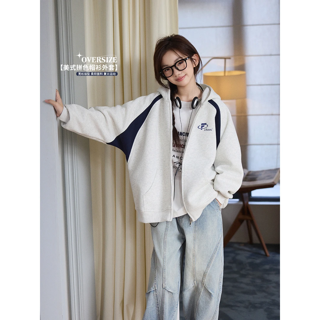 女童连帽休闲外套春秋时尚百搭学生中大童白色洋气韩版上衣WS271