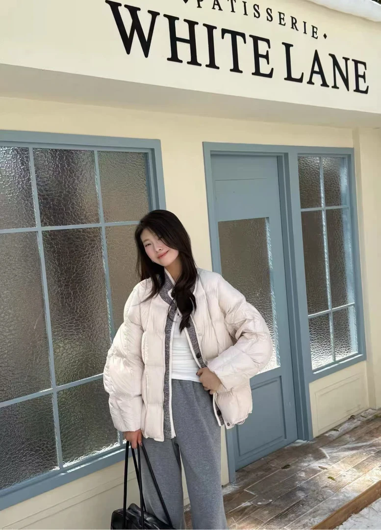 十三行韩系立领针织拼接羽绒服女2025冬季新款宽松显瘦白鸭绒外套