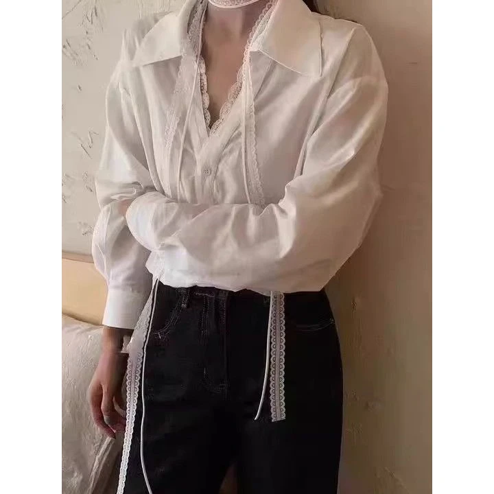 绝美！这种货闭眼收~衬衫女设计小众深V蕾丝飘带秋季宽松别致衬衣