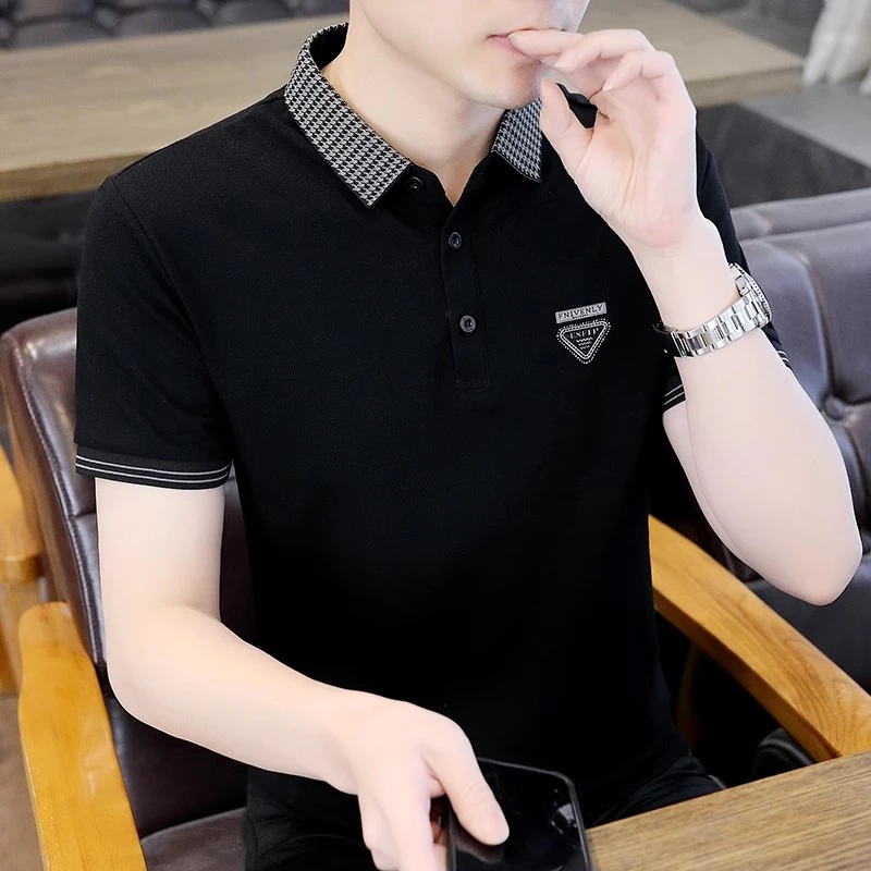 男士帅气翻领短袖t恤时尚夏季高端休闲有带领polo衫黑色上衣服