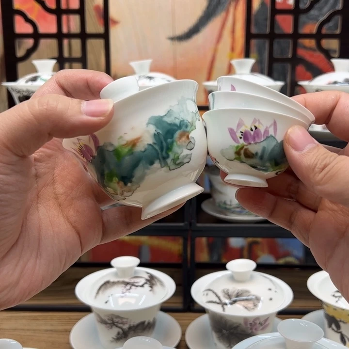 壶荷花处脚盖碗+3个同款处脚杯子一套