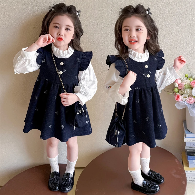 韩版女小童时尚套装秋季2025新款儿童洋气飞袖连衣裙两件套带包包