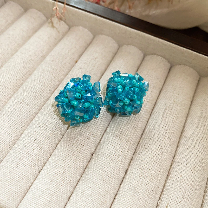 非金属仿水晶耳饰 圆形花朵水晶编织耳钉