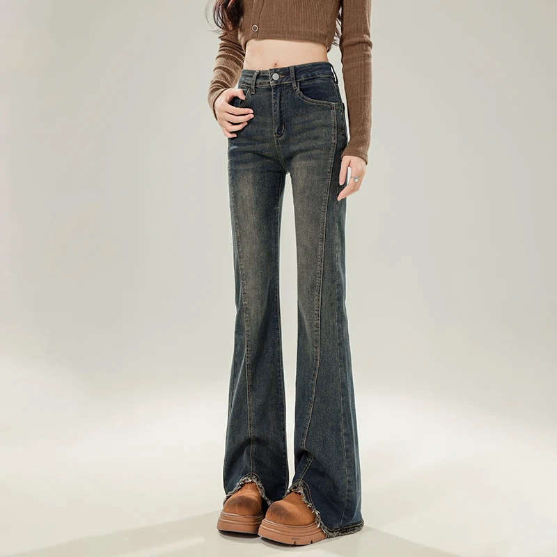 美式复古微喇牛仔裤女2025春季新款百搭显瘦显高不规则毛边马蹄裤