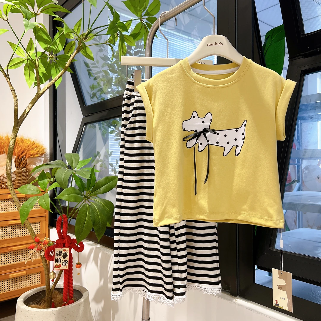 【半袖上衣】25843（娇黄色）半袖 女童韩版 可爱波点狗狗 半袖上衣