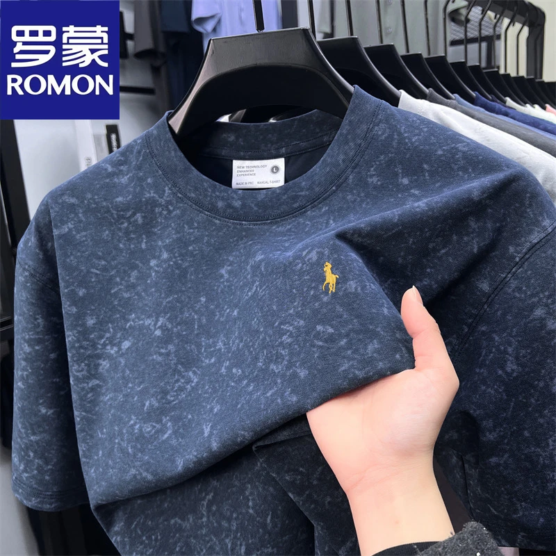 Romon/罗蒙夏季新款刺绣蜡染短袖t恤衫男士休闲时尚舒适透气上衣