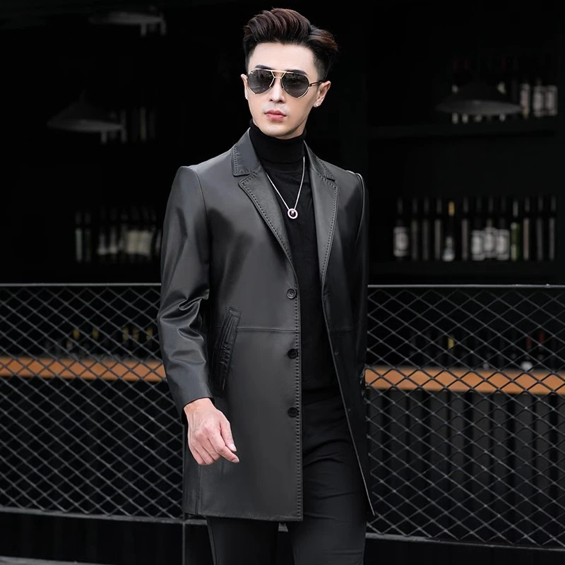 海宁真皮真皮老叶车男头层小牛皮衣西装领中长款外套商务休闲男装