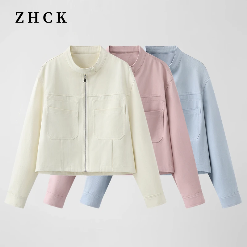 ZHCK纯色时尚立领休闲外套女气质百搭宽松显瘦夹克上衣女T