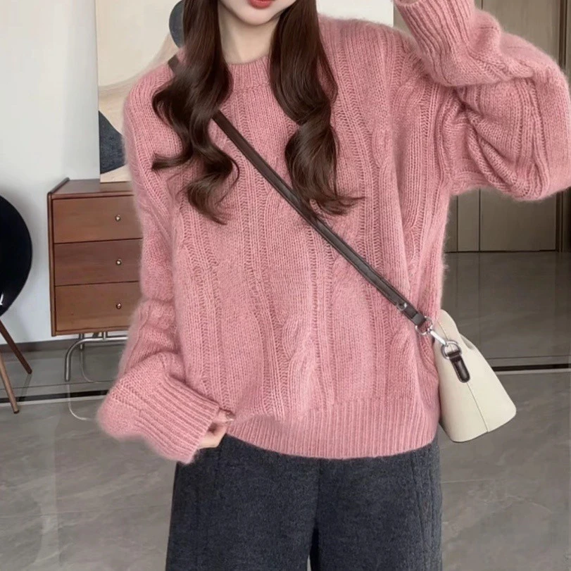 慵懒风圆领套头长袖针织毛衣女2025秋冬新款软糯减龄显瘦百搭上衣