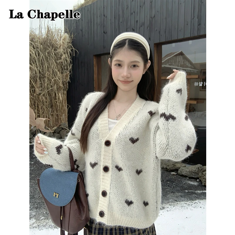拉夏贝尔韩版慵懒风V领针织开衫女秋冬甜美爱心提花软糯毛衣外套