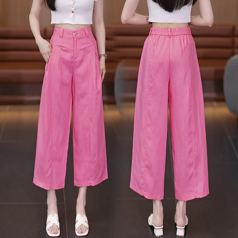 玫红色八分天丝亚麻八分阔腿裤女夏季薄款2025新款高腰显瘦直筒裤
