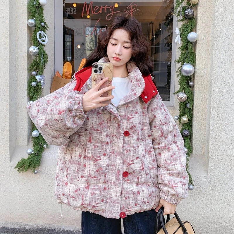 韩系扎染撞色连帽羽绒服外套女冬季2025新款独特设计白鸭绒面包服