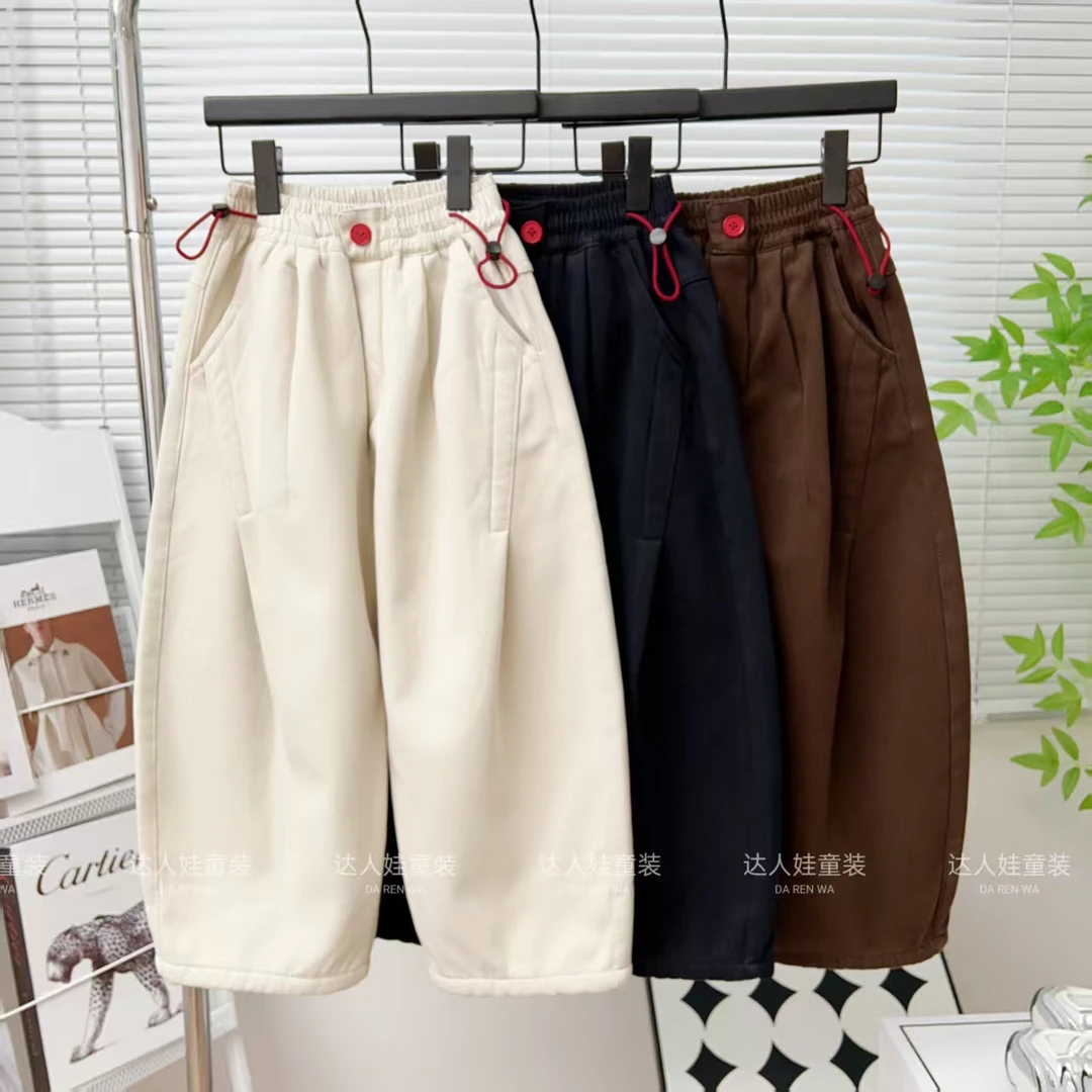 【清】纯棉加绒】25男女童痞帅个性收缩腰水洗软绵加绒弯道裤KK-02