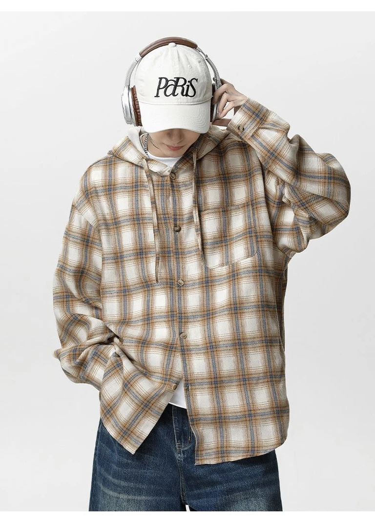 美式oversize经典格子连帽衬衫男女春秋季新款宽松休闲上衣服潮流