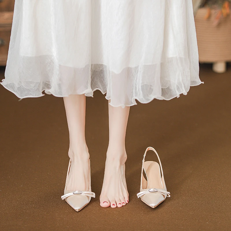 2025新款缎面高跟鞋女细跟蝴蝶结气质法式尖头单鞋包头夏季凉鞋