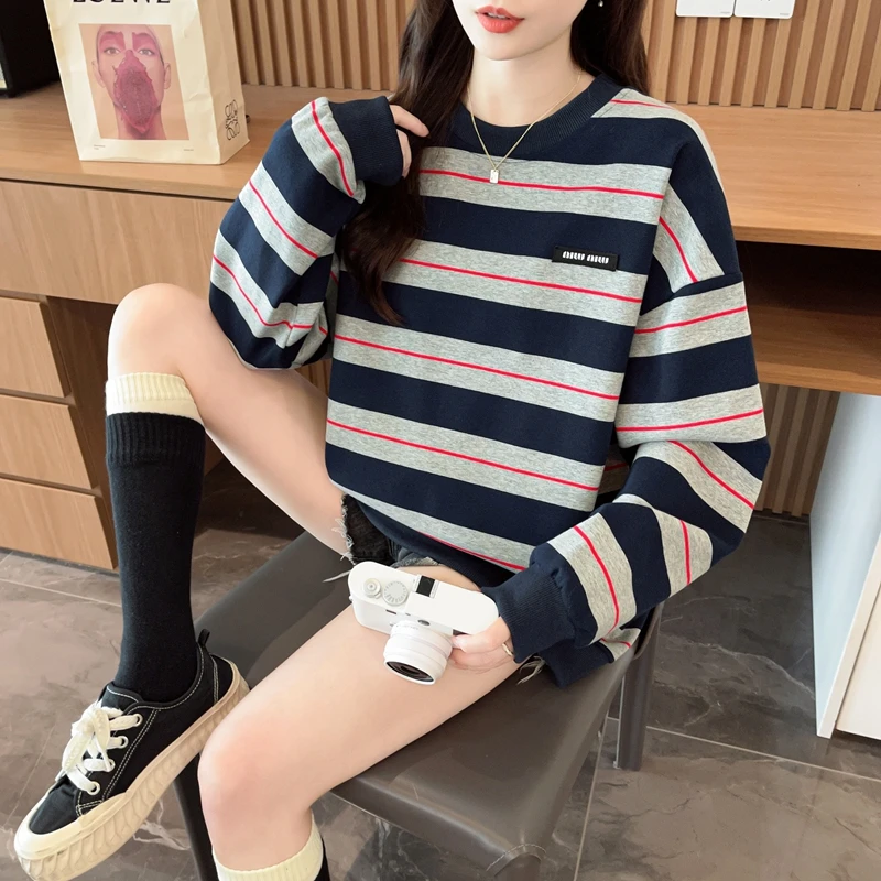 小众拼接撞色卫衣女秋季爆款宽松休闲网红炸街洋气大码圆领上衣潮