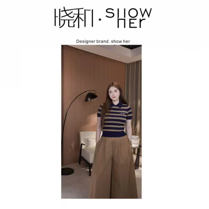 SHOW HER 【蓝调条纹】25AW学院风横条纹拼接针织短袖常规款polo领