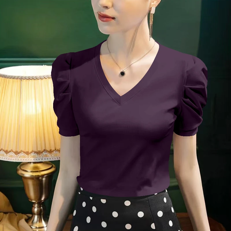 2025年法式V领短袖T恤女泡泡袖褶皱设计宽松显瘦气质上衣夏季百搭