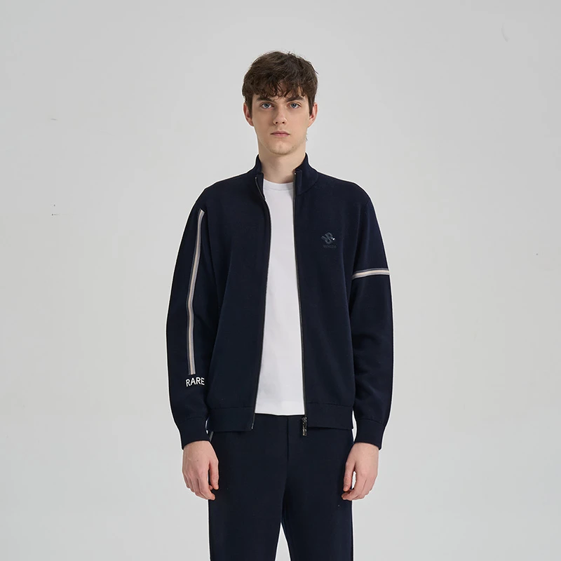 RARE威雅25秋冬深藏青米白两色不对称微撞色织带长袖开衫休闲外套