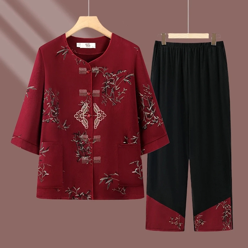 奶奶夏季薄款套装宽松大码中老年妈妈装两件套圆领七分袖老人套装