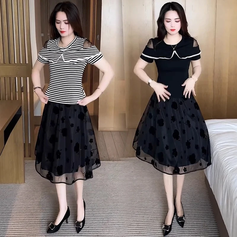 时尚显瘦套装女士夏季新款露肩减龄短袖T恤网纱半身裙气质两件套