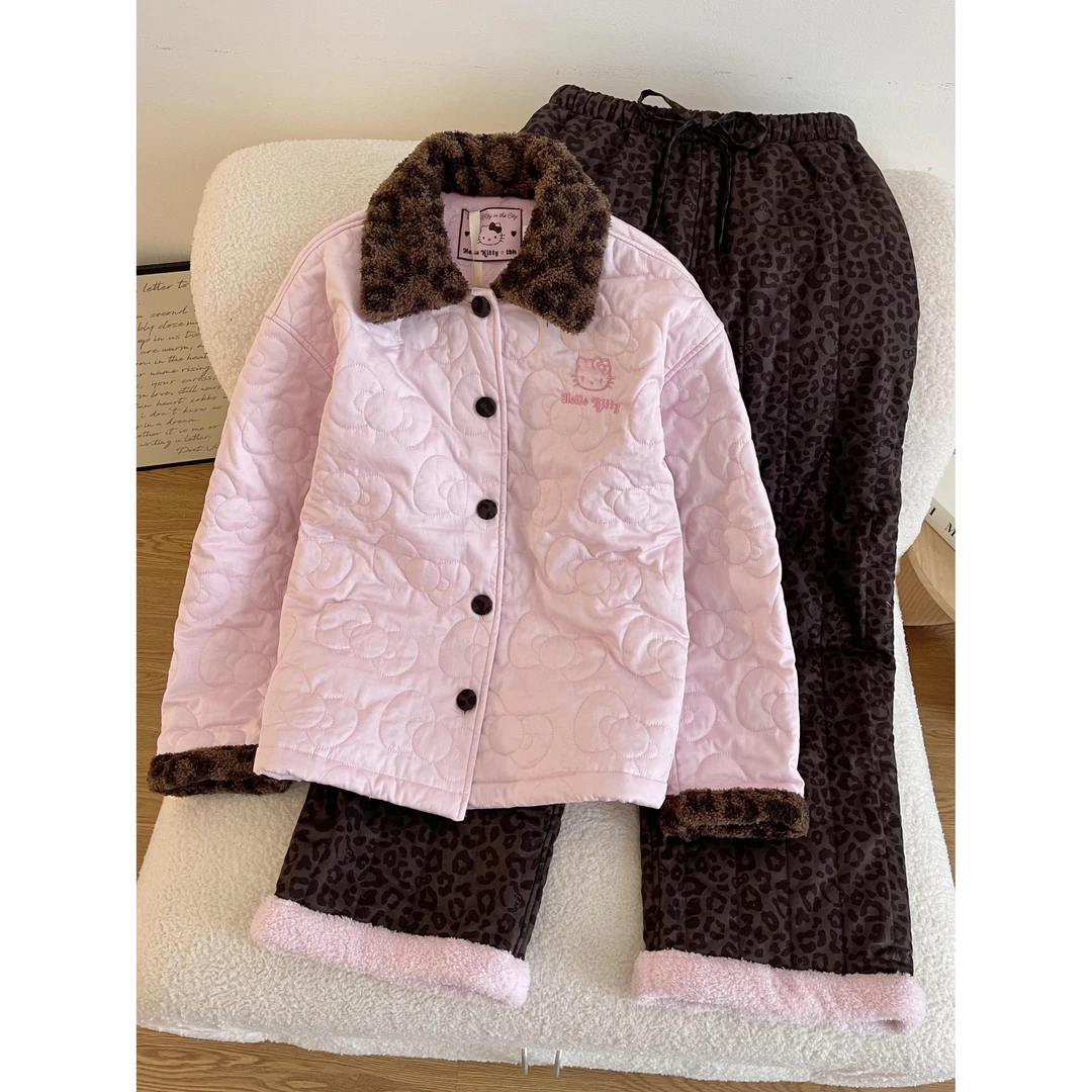 可爱蝴蝶结豹纹Kitty夹棉睡衣女冬季新款开衫保暖加厚家居服套装