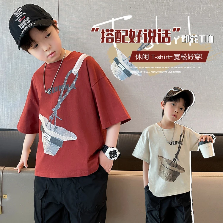 儿童短袖洋气中大童夏季新款印花恤宽松韩版绑带帽子恤上衣