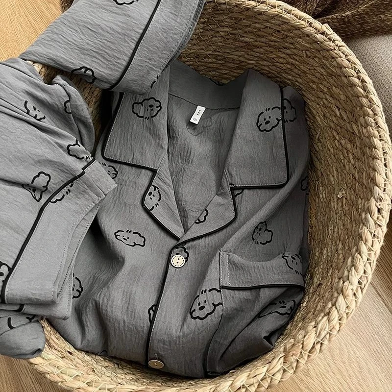 日系小狗睡衣男士夏季短袖短裤卡通翻领大码宽松简约家居服三件套