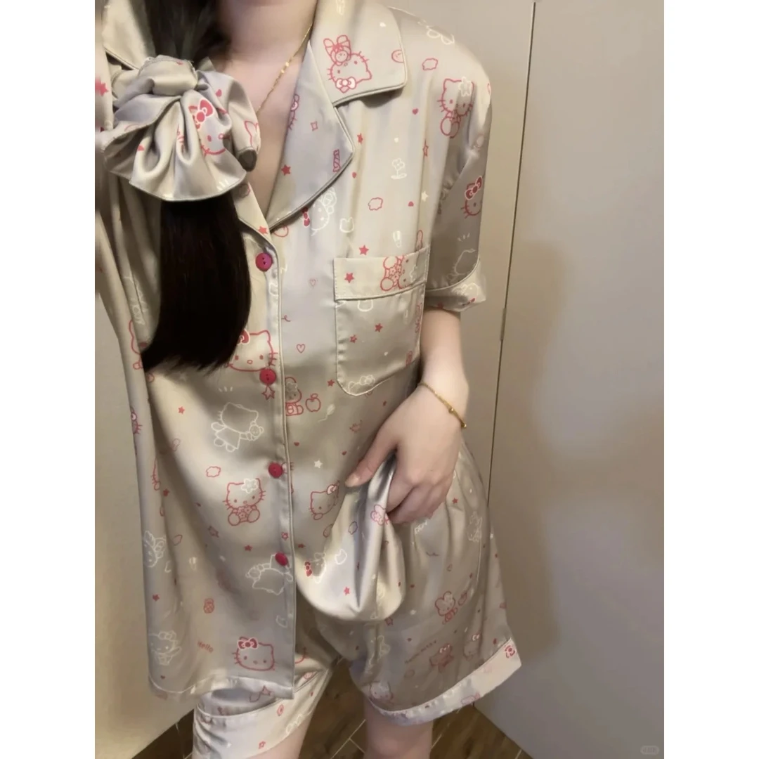 【纯欲Kitty】缎面冰丝睡衣女春夏新款高级气质短袖短裤家居服套装