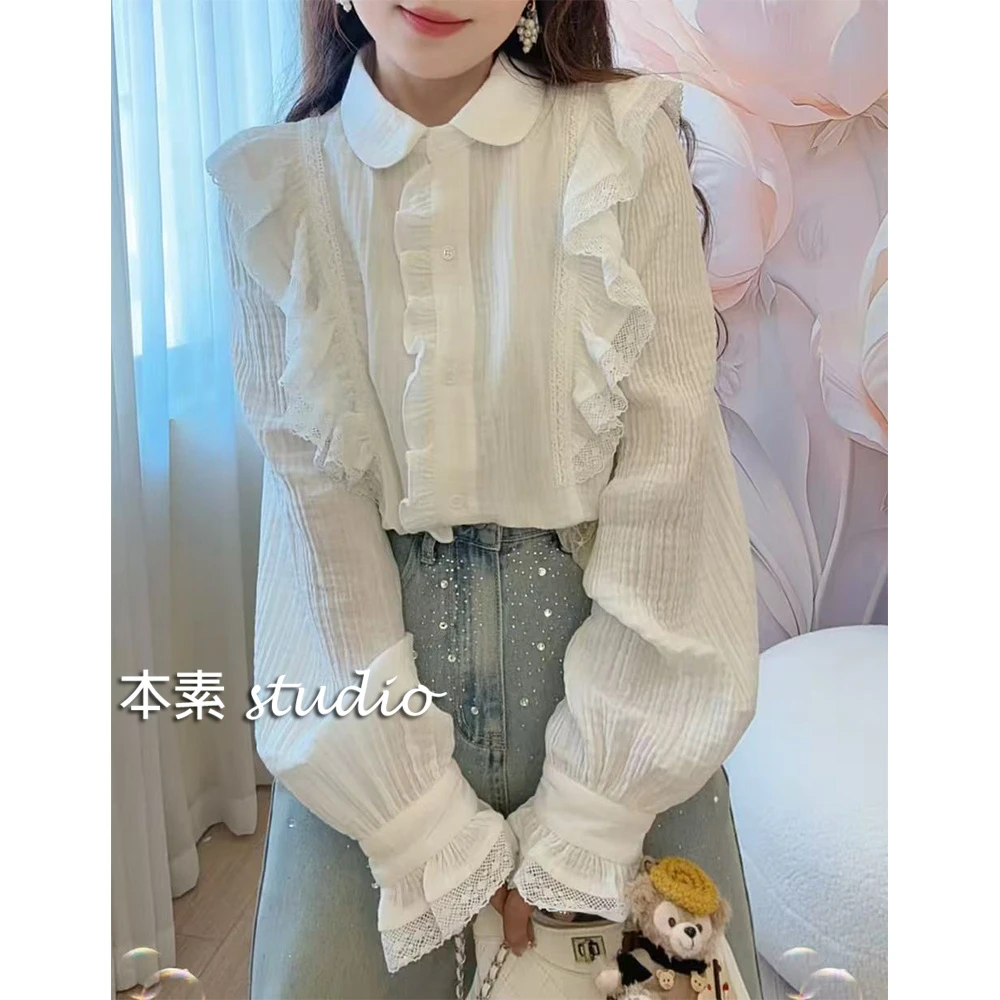 小贝壳C3245蕾丝荷叶边全开扣翻领衬衫