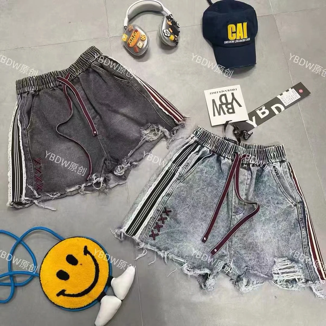 【YBDW】潮流高货洗水割破花边拼接刺绣牛仔高腰抽绳短裤女装破洞