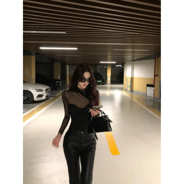 【夜雾织梦】纯欲风网纱拼接高领上衣PU皮裙长裤套装女2659#