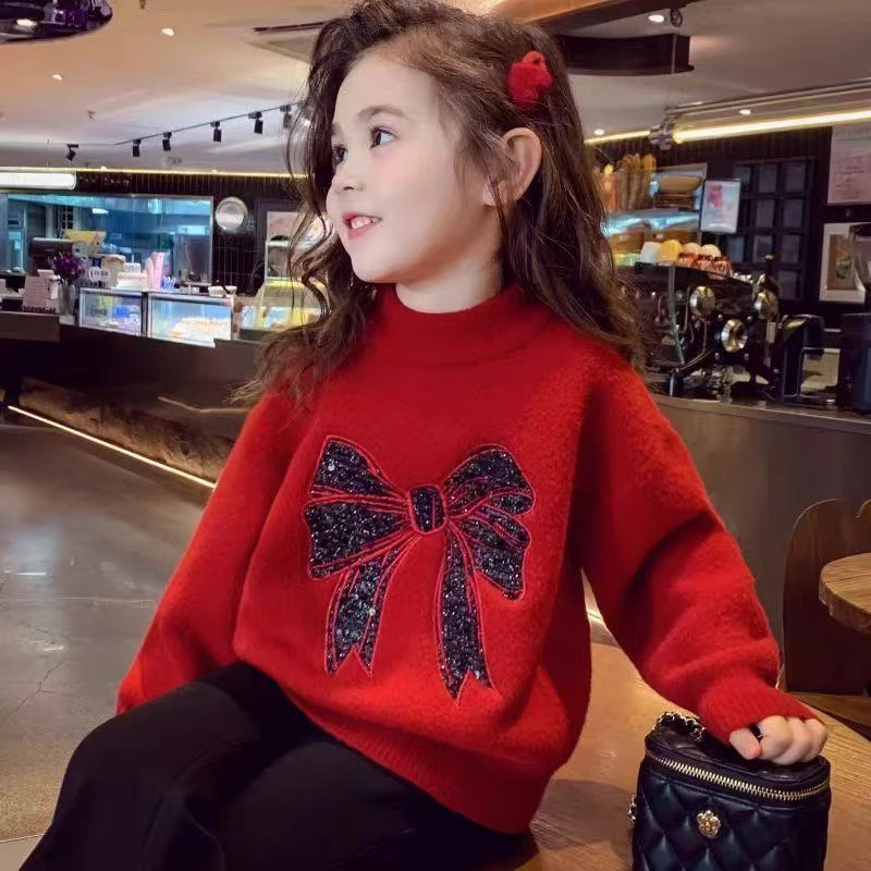 女童毛衣洋气2025秋冬装新款韩版水貂绒中大童红色过年针织打底衫