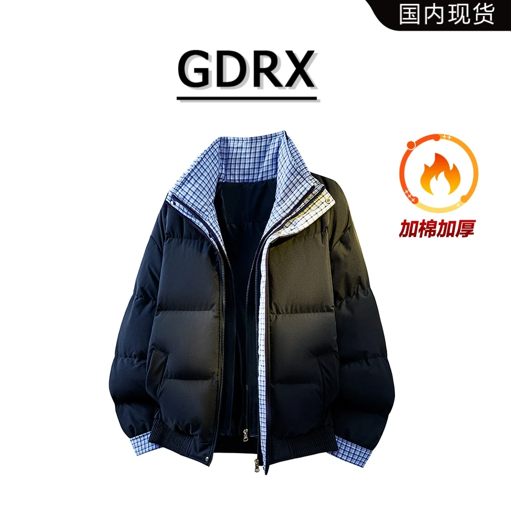 GDRX美潮时尚男装格纹假两件棉衣冬季保暖防风潮流百搭棉服外套