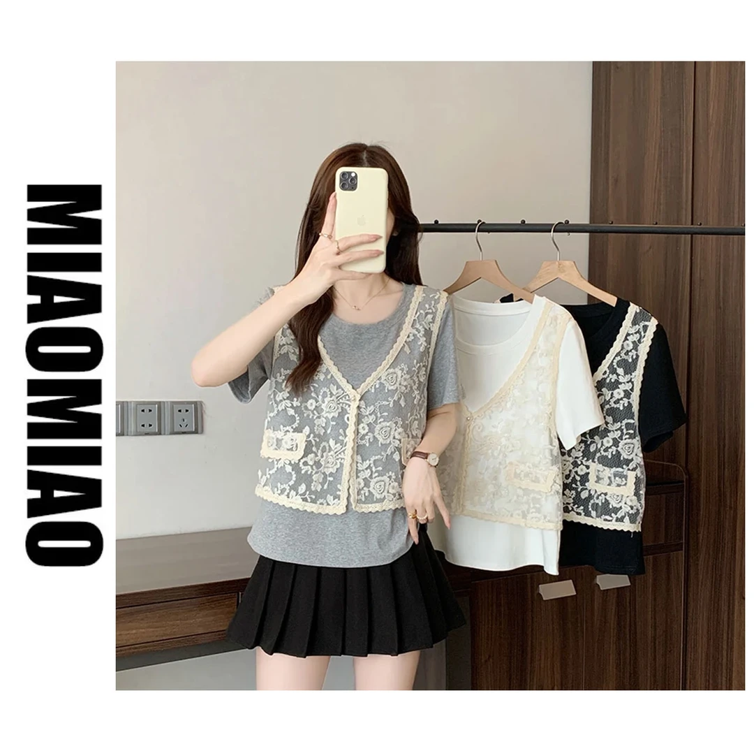 【运费补贴】胖mm大码女甜美减龄蕾丝假两件显瘦短袖T恤上衣 A1536