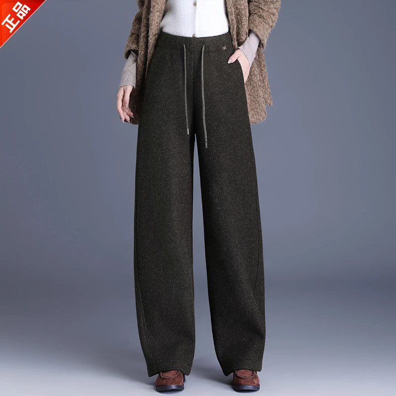 正品2025新款冬季加绒保暖弯刀阔腿裤女时尚高腰直筒羊毛呢休闲裤