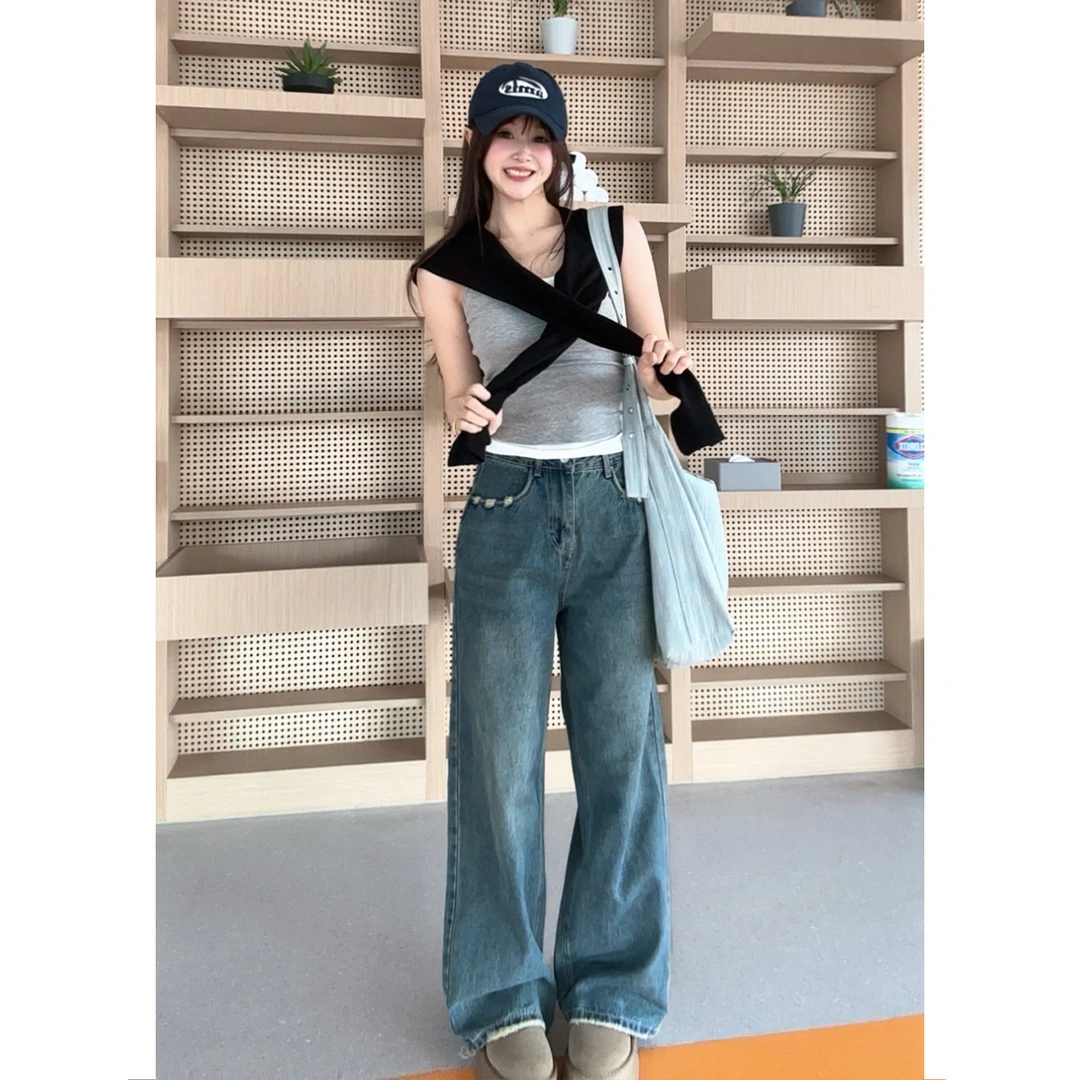 【Thats good远昌服饰】显瘦高腰窄版毛边复古高级感阔腿牛仔裤爆款