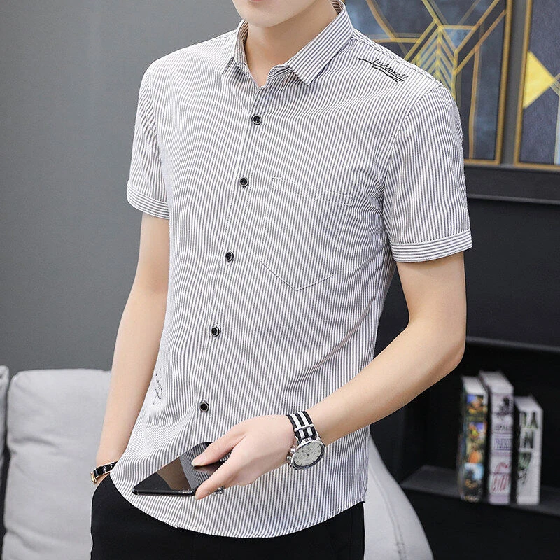 夏季条纹短袖衬衫修身韩版潮流休闲刺绣短袖男士