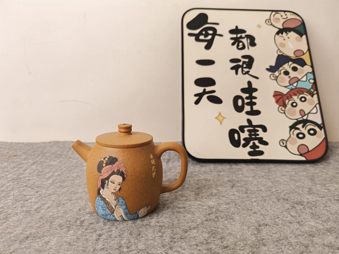 【一把砂器】宜兴原矿黄金段泥手工泥绘西施浣纱紫砂壶泡茶具150cc