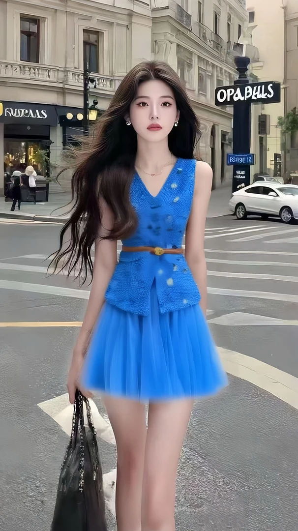 新款时尚温柔风穿搭蓝色V领无袖修身收腰上衣+百搭显瘦半身裙套装