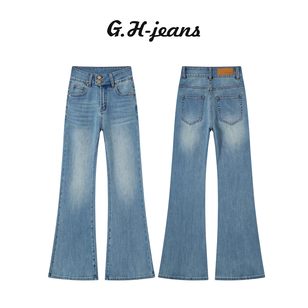 【G·H】秋季新款爆款湖水蓝双排扣三重洗水显瘦高腰直筒喇叭牛仔裤