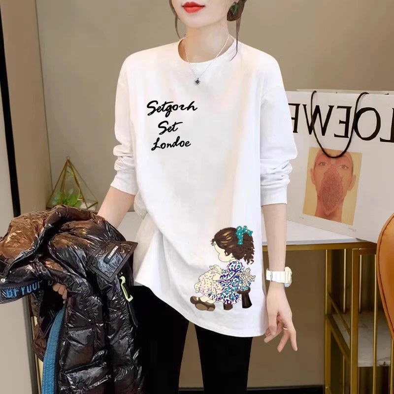 春秋纯棉T恤中长款长袖印花宽松白色内搭休闲打底衫韩版大码圆领