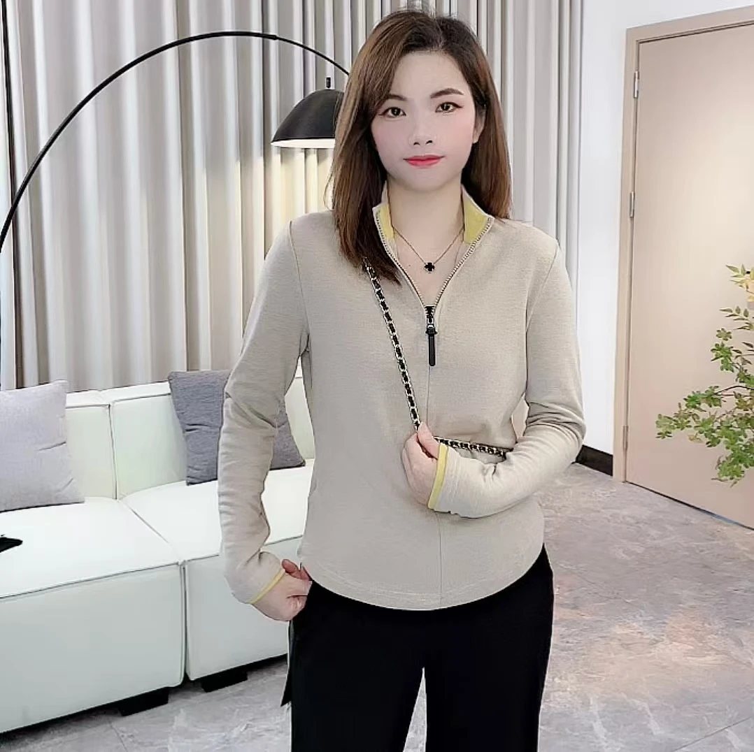 秋季新款立领拉链澳绒打底衫女装冬季保暖洋气设计感内外搭上衣服