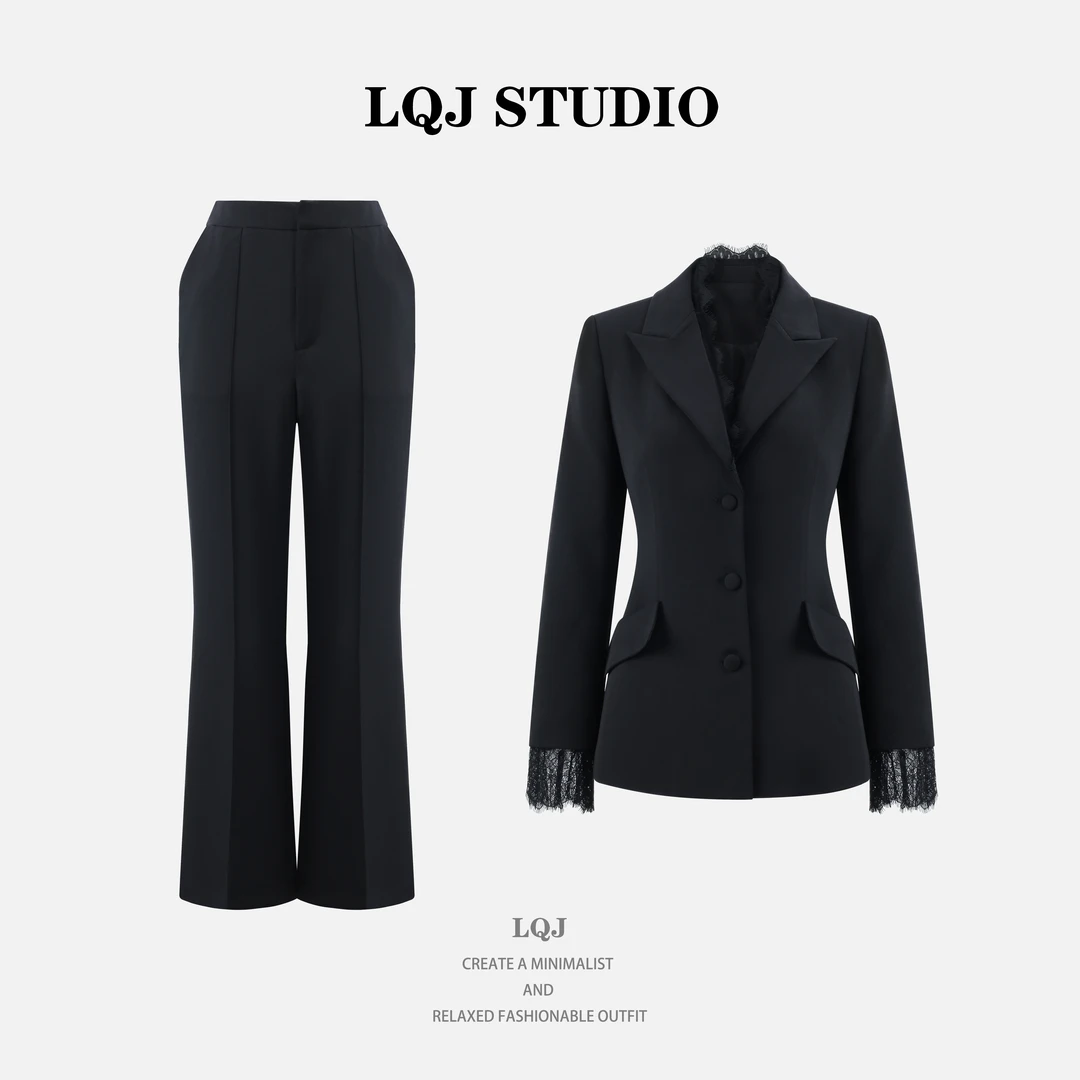 2025秋季新款蕾丝拼接黑色西装外套气质御姐套装YA25300H506